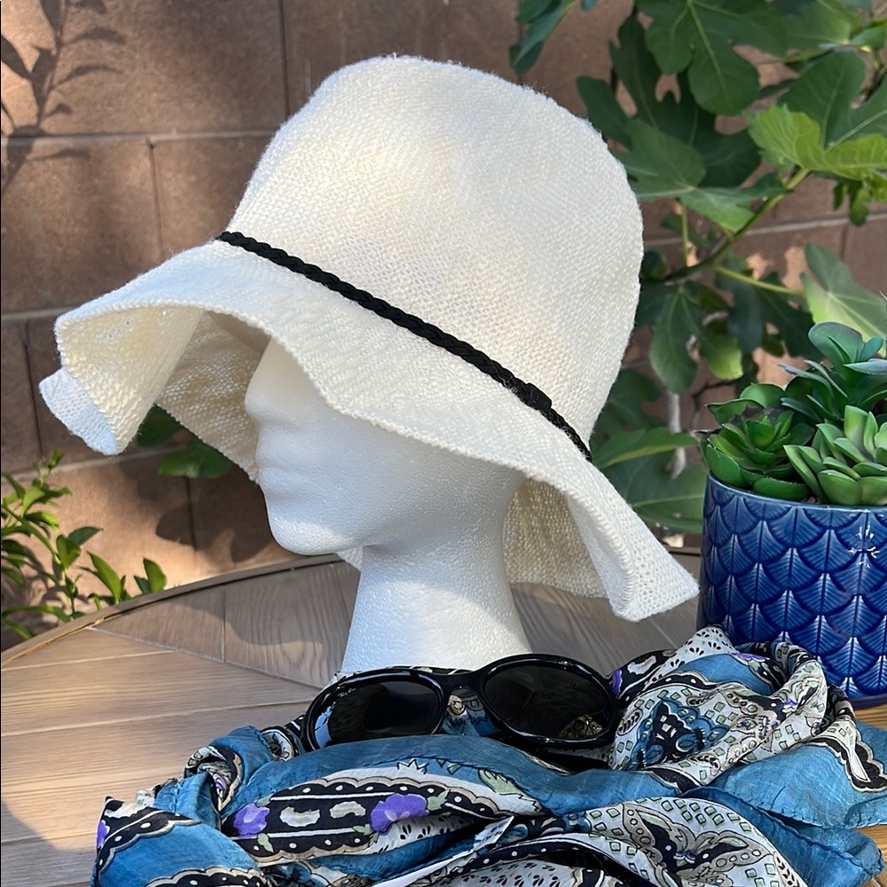 RACHEL ZOE Floppy Woven Western Boho Sun Hat, Natural Off-White with Black Trim